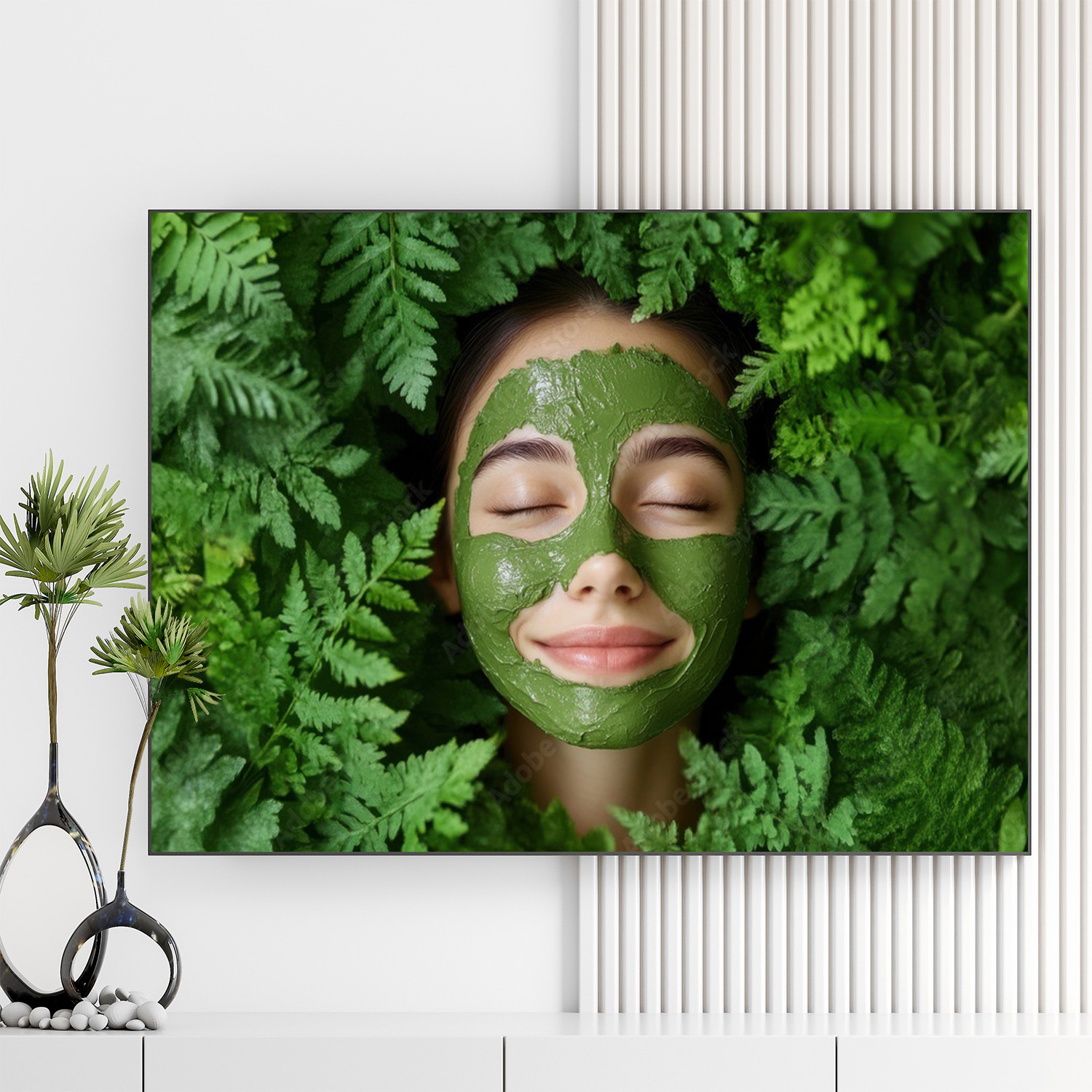 Mẫu tranh spa đẹp hình ảnh khuông mặt cô gái giữa những tán lá xanh và đắp mặt nạ bùn dưỡng da màu xanh lục