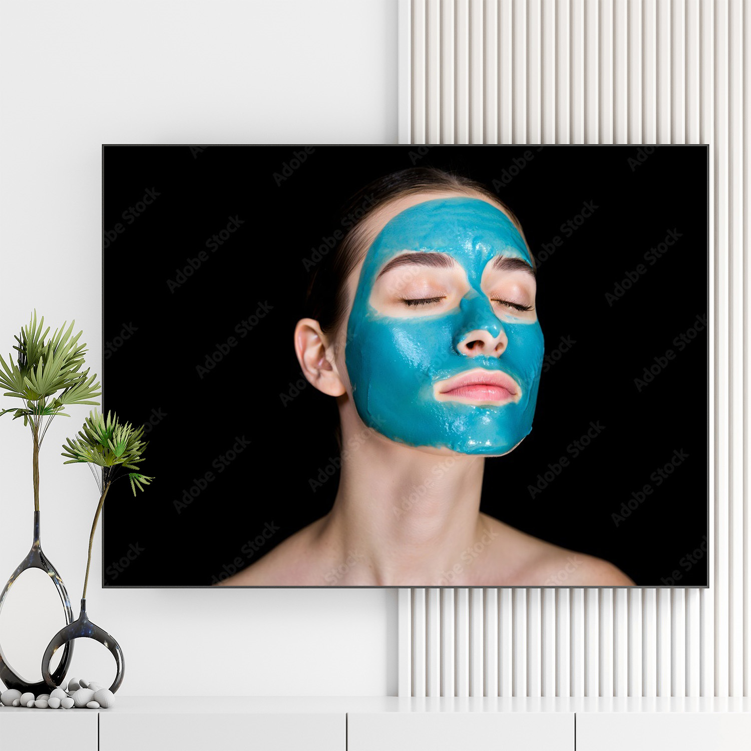 Mẫu tranh spa đẹp hình ảnh cô gái đẹp đắp mặt nạ dưỡng da màu xanh