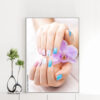 Mẫu tranh Spa & Nail đẹp khổ dọc hình ảnh đôi bàn tay sơn móng nhiều màu sắc và bông hoa lan tím