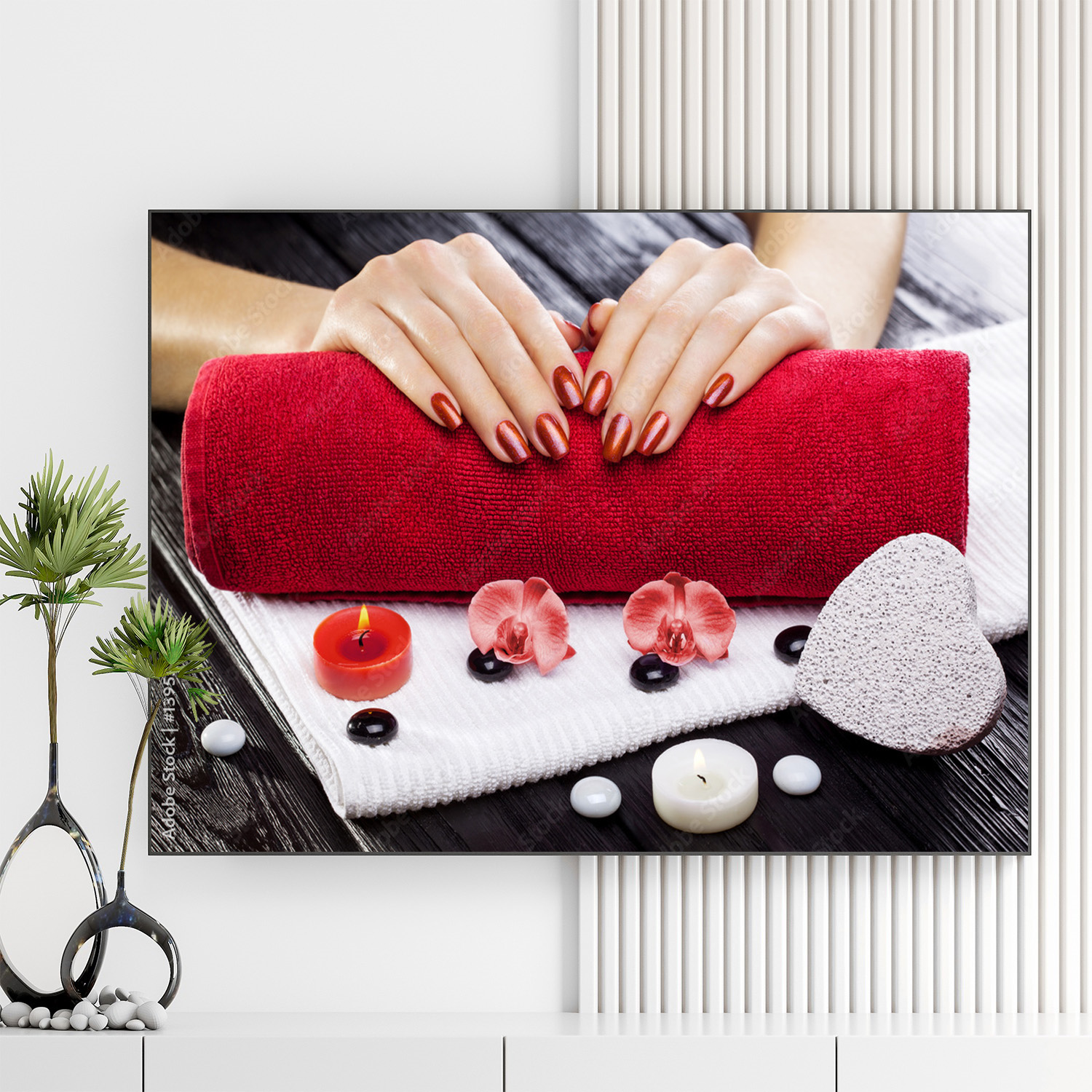 Mẫu tranh Spa & Nail đẹp hình ảnh đôi bàn tay sơn móng màu đỏ đẹp cùng màu đỏ của hoa lan, nến thơm, khăn tắm