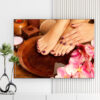 Mẫu tranh Spa & Nail đẹp hình ảnh bàn tay và chân sơn móng màu tím đẹp, chậu nước, hoa lan và nến thơm