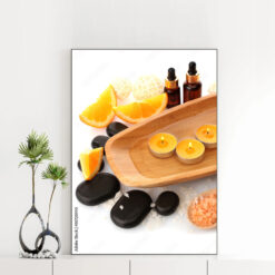 Mẫu tranh spa thiên nhiên khổ dọc đẹp hình ảnh chậu nước, nến thơm, đá cuội, tinh dầu và miếng cam chín vàng