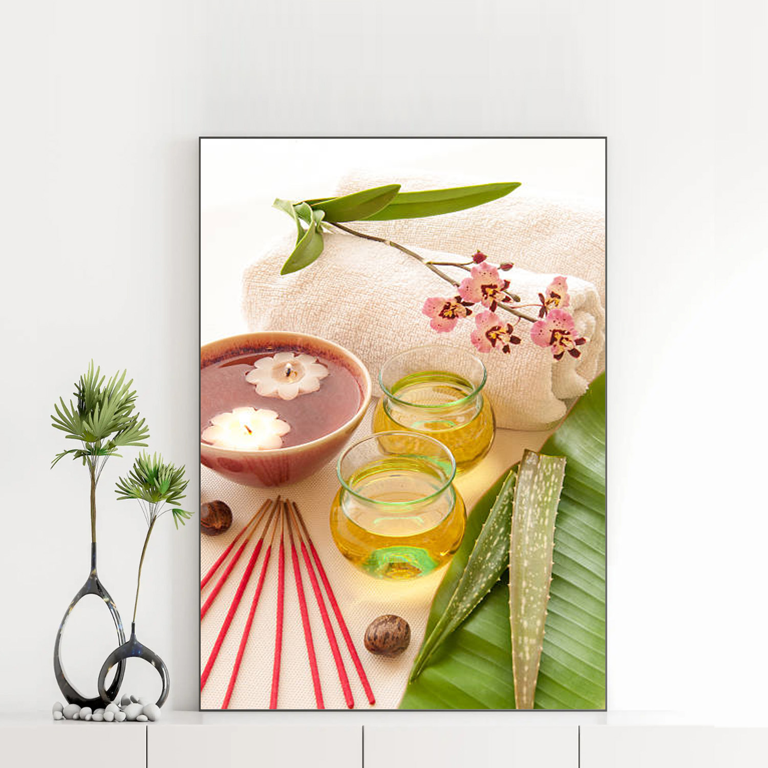 Mẫu tranh spa thiên nhiên khổ dọc đẹp hình ảnh bát nước, tinh dầu, nha đam và hoa lan