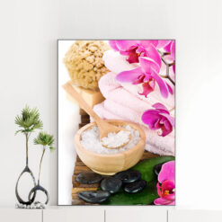 Mẫu tranh spa thiên nhiên khổ dọc đẹp hình ảnh hoa lan tím, khăn tắm, muối khoáng, đá cuội