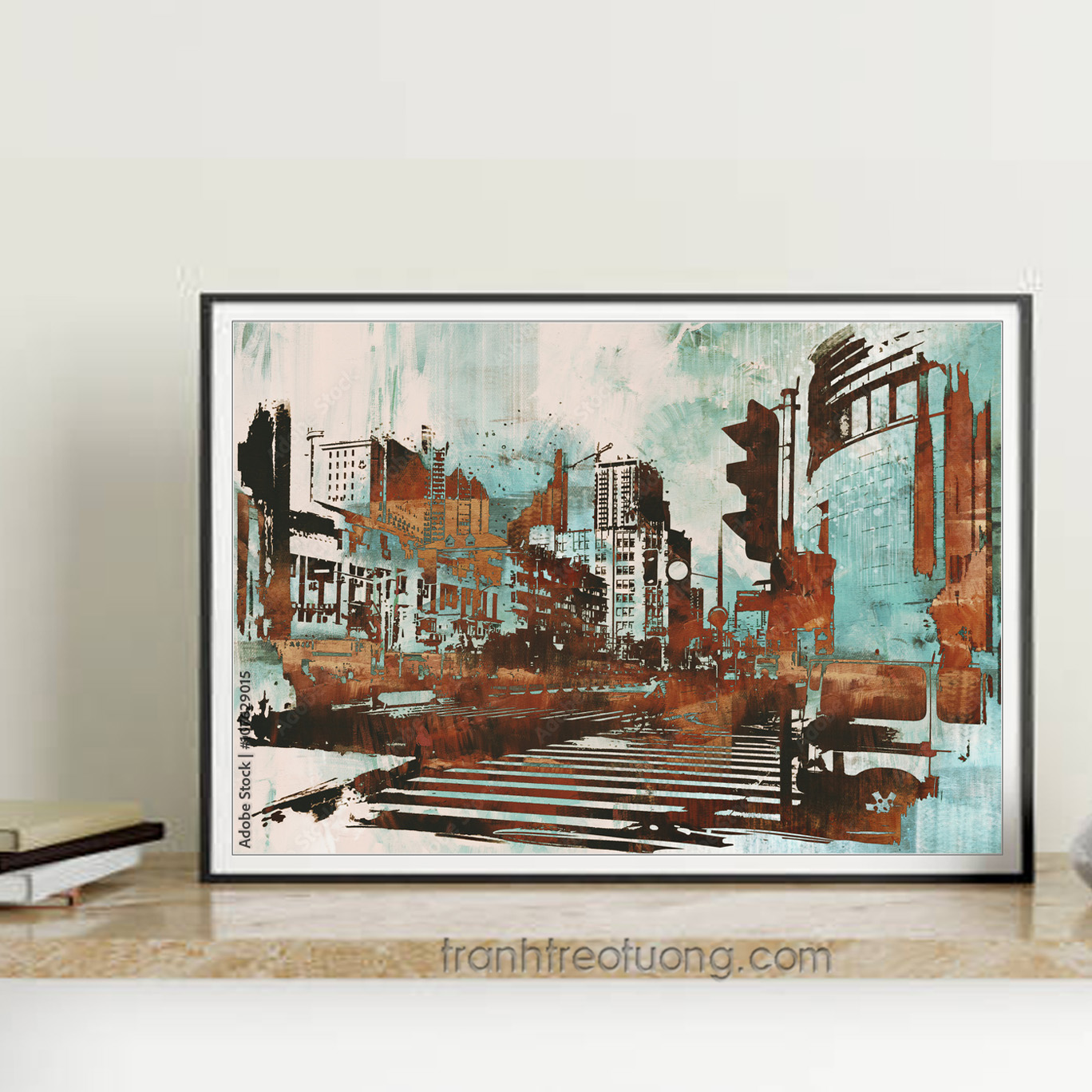 Mẫu tranh trừu tượng hiện đại vẽ phong cảnh thành phố với màu loang nghệ thuật tông trầm ấm
