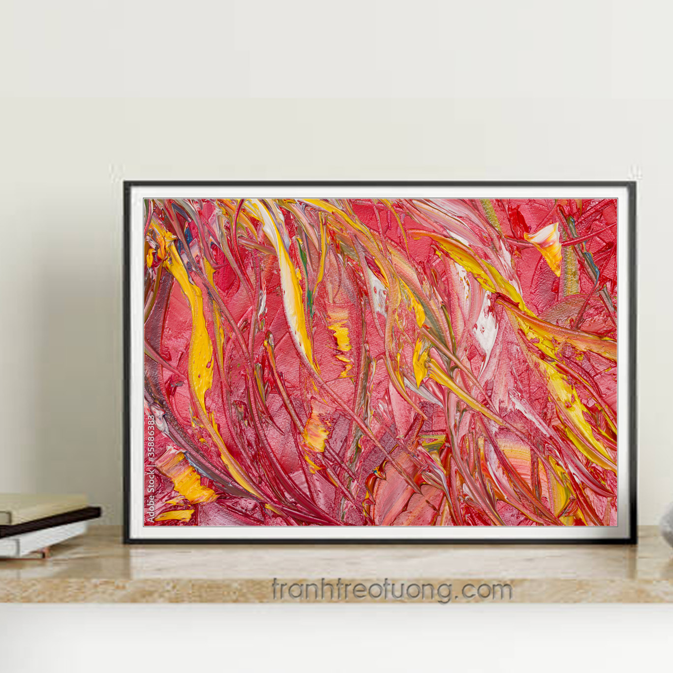 Mẫu tranh trừu tượng hiện đại với các hoạ tiết phối màu đỏ hồng và vàng ấm áp