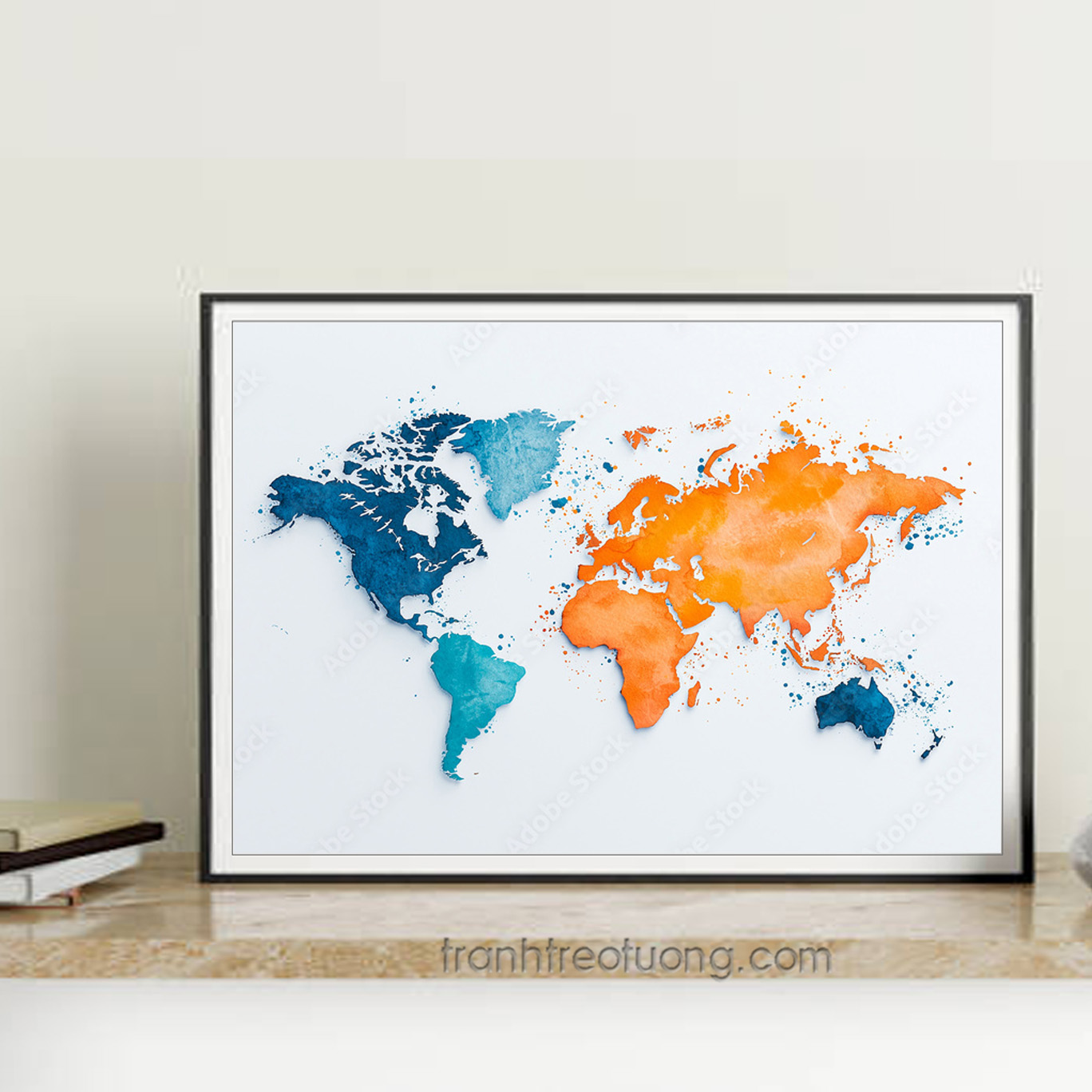 Mẫu tranh treo tường bản đồ thế giới đẹp nền trắng và các châu lục phối màu nổi bật