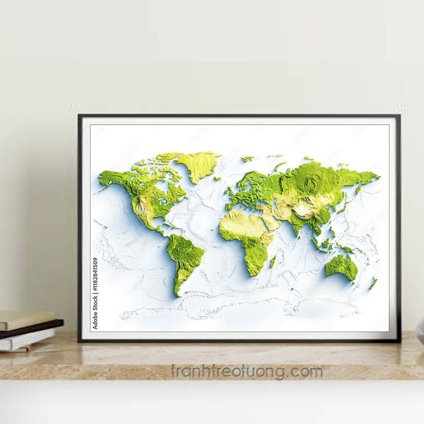 Mẫu tranh treo tường bản đồ thế giới với các lục địa màu xanh vàng nét nổi đẹp trên nền trắng vân mây