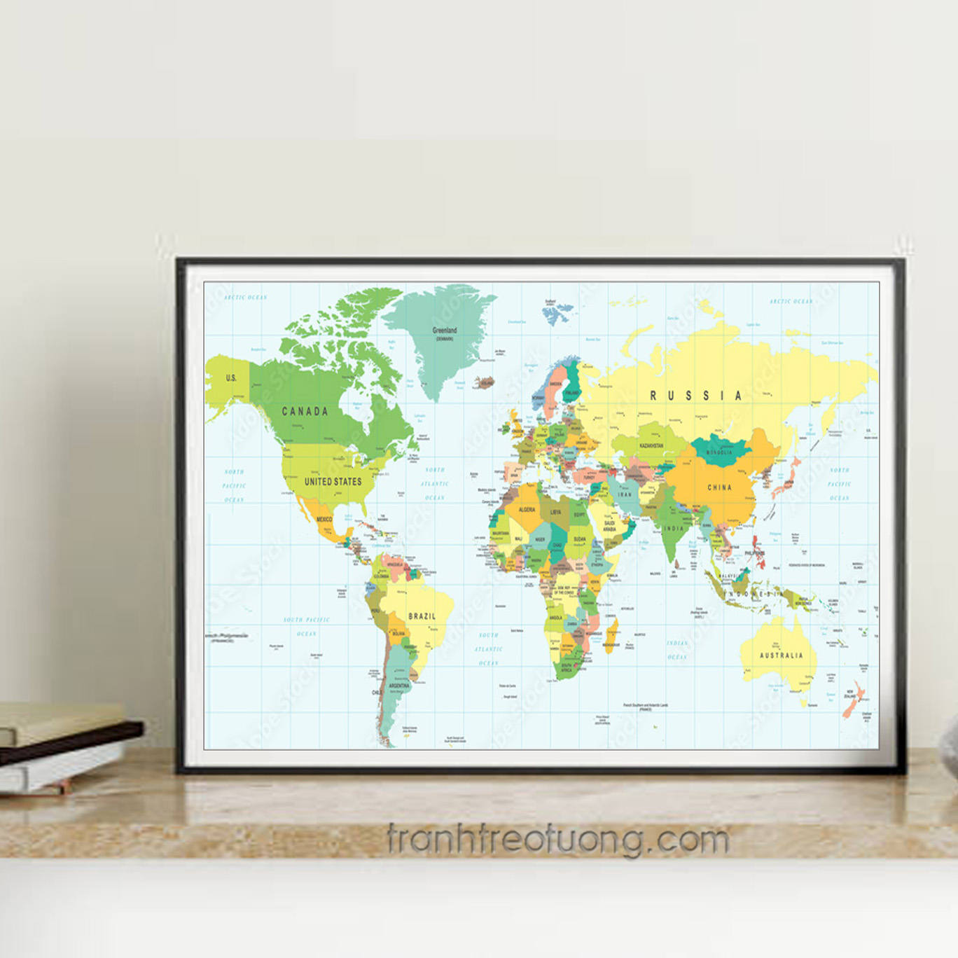 Mẫu tranh treo tường bản đồ thế giới đẹp với các nước có màu sắc khác nhau cùng các đường kinh độ vĩ độ