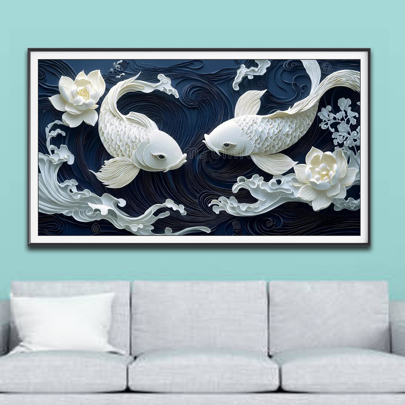 Mẫu tranh treo tường vẽ đôi cá chép song ngư màu trắng, hoa tiết hoa sen và sóng 3D màu trắng đẹp trên nền đen