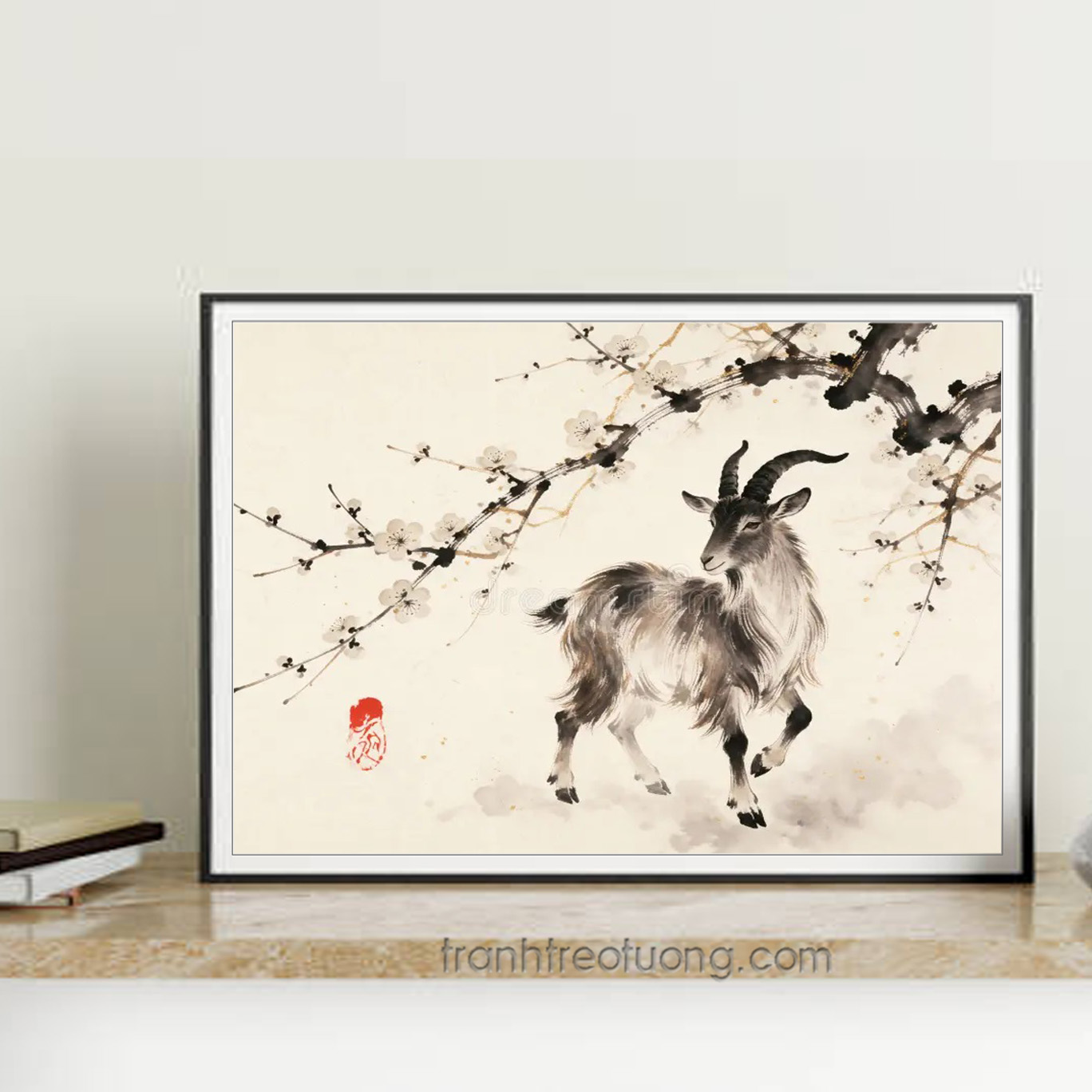 Mẫu tranh treo tường vẽ màu nước thuỷ mặc con dê và cành đào tông màu đen trắng