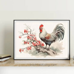 Mẫu tranh treo tường con gà trống bên cây hoa đẹp màu hồng