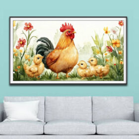 Mẫu tranh treo tường vẽ hình ảnh đàn gà mẹ con trong vườn hoa đẹp