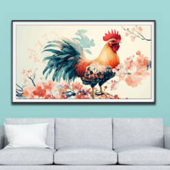 Mẫu tranh treo tường vẽ con gà trống và hoa nở màu hồng đẹp