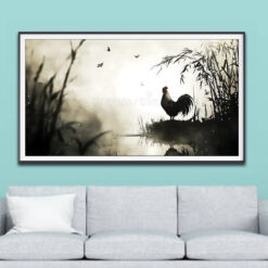 Mẫu tranh treo tường vẽ màu đen trắng hình ảnh con gà trống đẹp đứng bên bờ sông