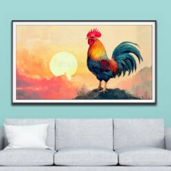Mẫu tranh treo tường vẽ con gà trống đứng trên đỉnh núi và mặt trời toả nắng vàng bình minh đẹp