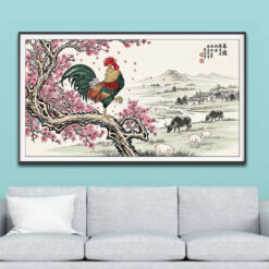 Mẫu tranh treo tường vẽ con gà trống đứng trên cành hoa đào đẹp và phong cảnh làng quê thanh bình