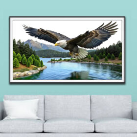 Mẫu tranh treo tường vẽ đồ hoạ 3d con đại bàng bay trên sông núi rừng cây xanh