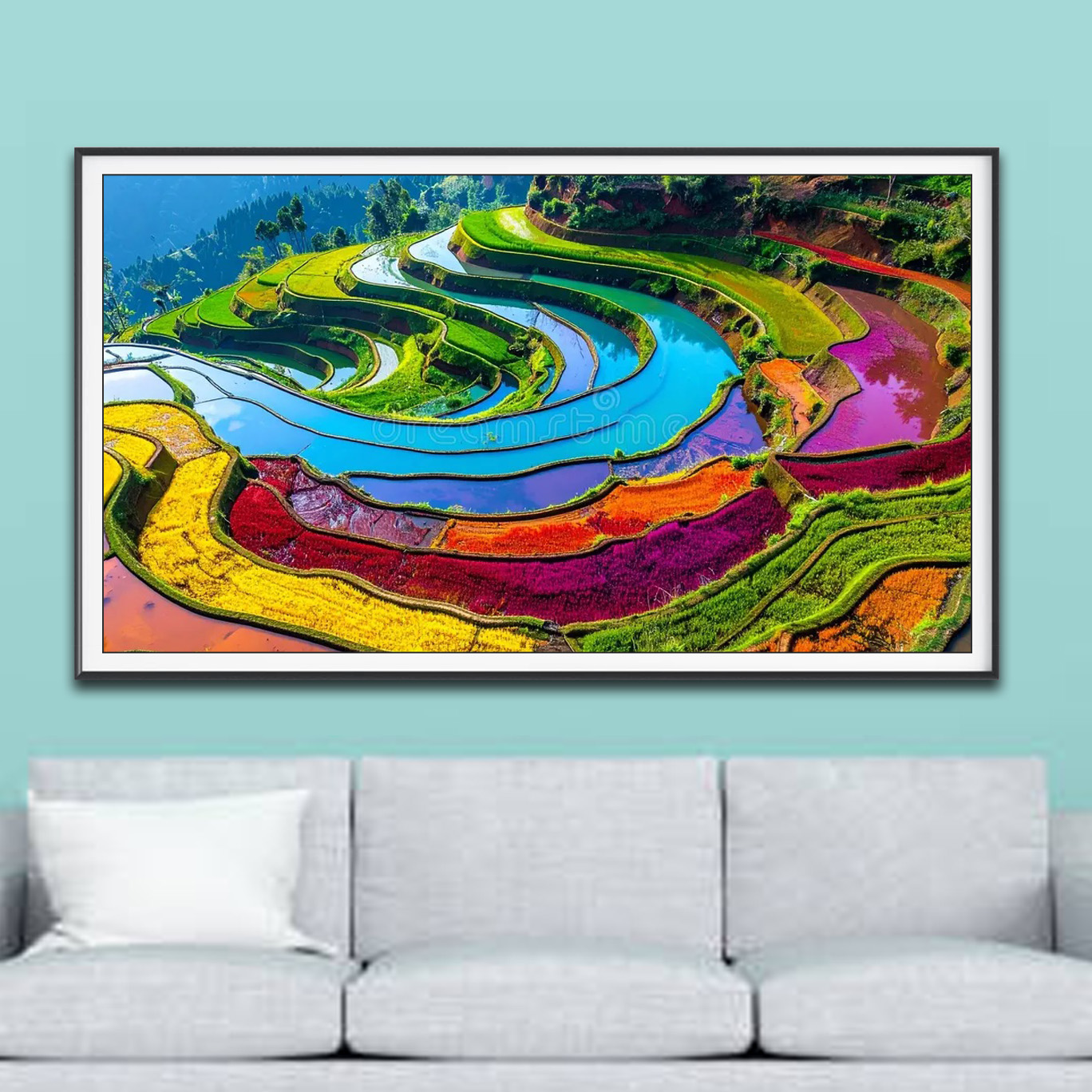 Mẫu tranh treo tường ruộng bậc thang uốn lượn sườn đồi đẹp với nhiều màu sắc bắt mắt