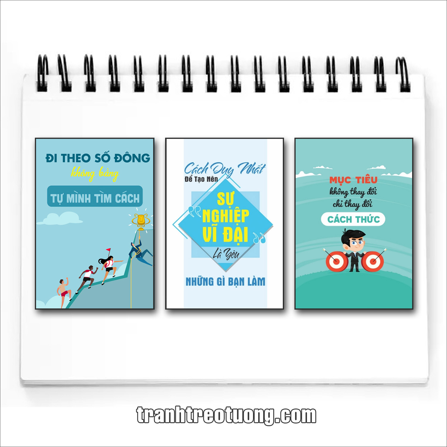 Bộ tranh slogan tạo động lực: Đi theo số đông không bằng tự mình tìm cách. Cách duy nhất để tạo nên sự nghiệp vĩ đại là yêu những gì bạn làm. Mục tiêu không thay đổi chỉ thay đổi cách thức
