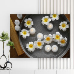 Mẫu tranh spa thiên nhiên đẹp hình ảnh chậu nước tinh khiến nến thơm và hoa sứ