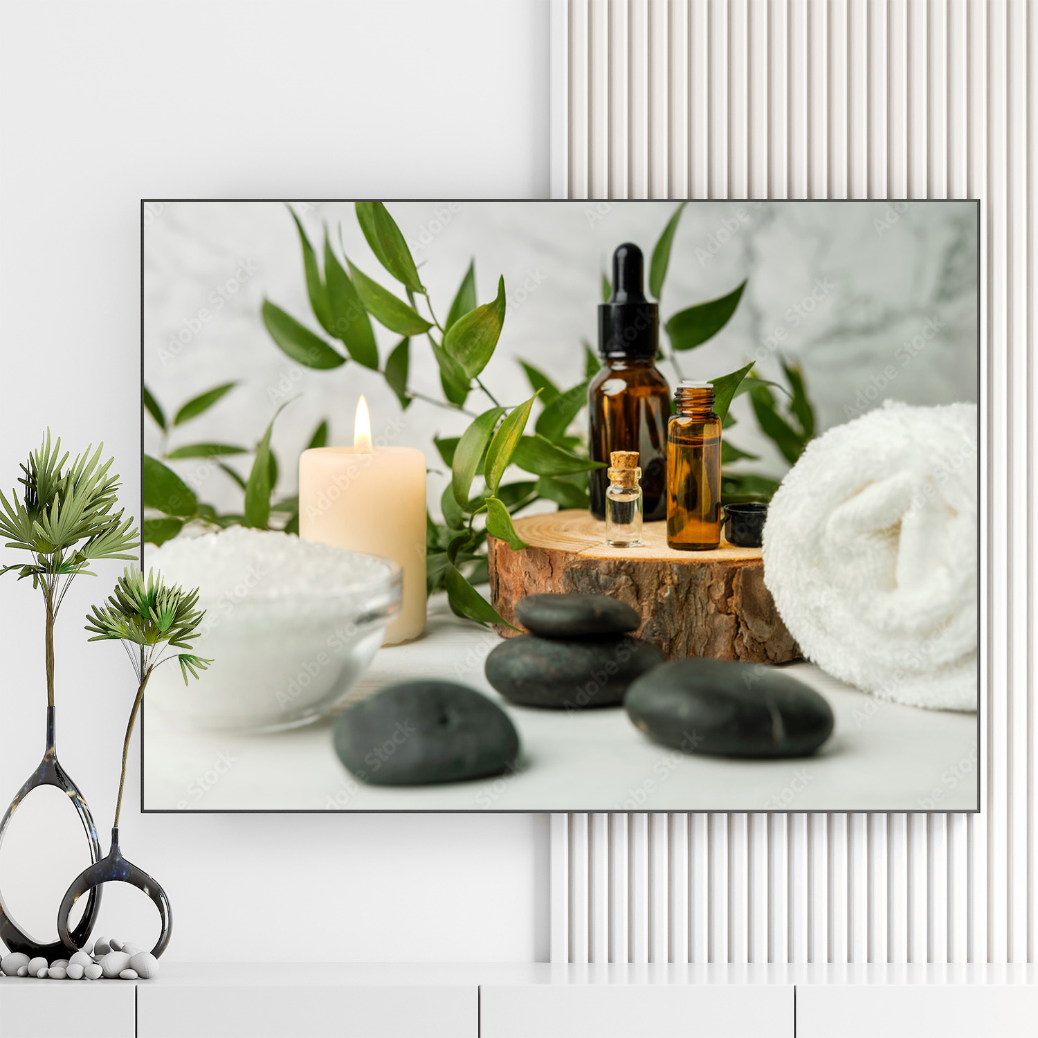 Mẫu tranh spa thiên nhiên đẹp hình ảnh tinh dầu, nến thơm, đá cuội, muối khoáng