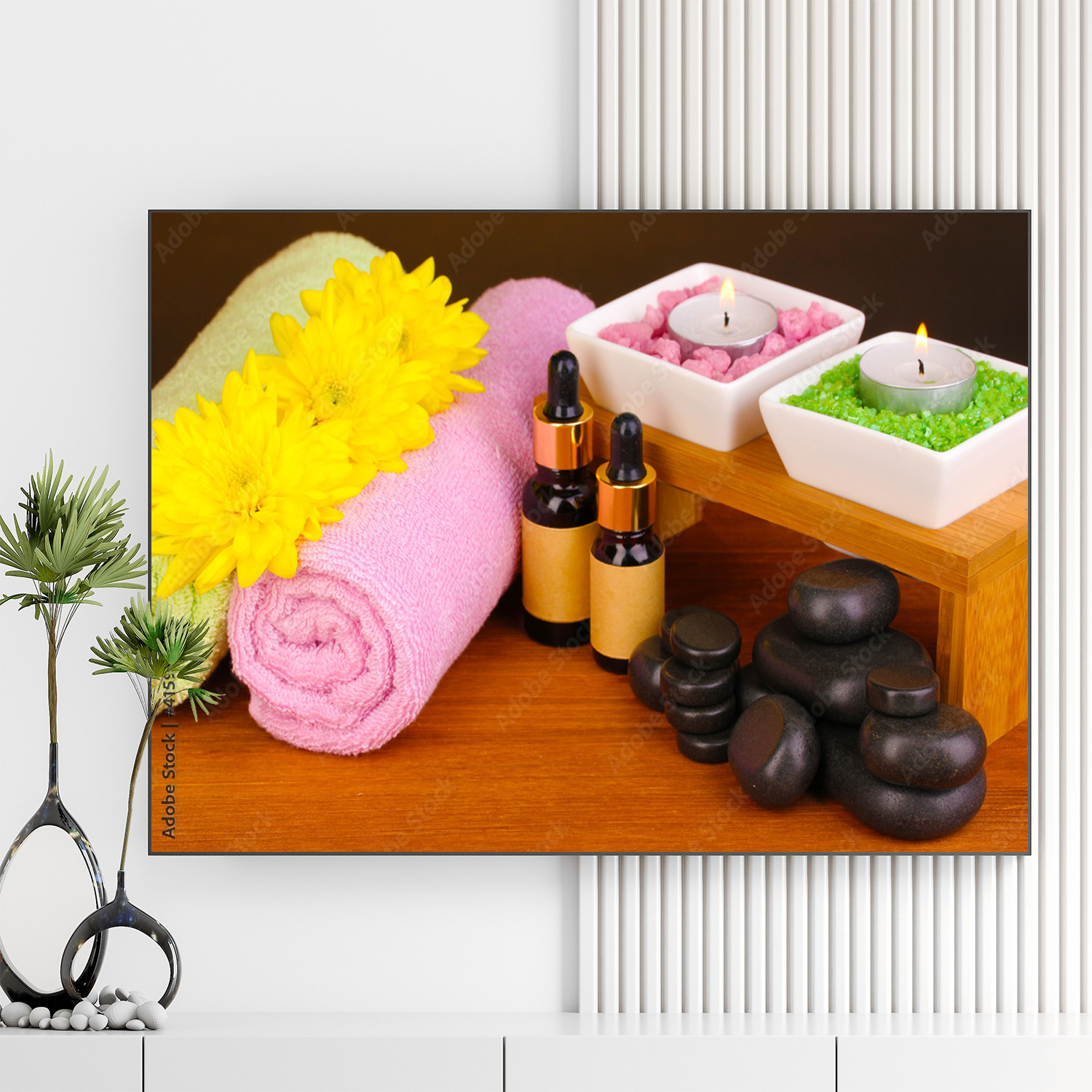 Mẫu tranh spa thiên nhiên đẹp hình ảnh đá cuội, tinh dầu, nến thơm, muối khoáng, khăn tắm và hoa cúc