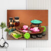 Mẫu tranh spa thiên nhiên đẹp hình ảnh tinh dầu, muối khoáng, chậu nước rải cánh hoa hồng, soap và đá cuội