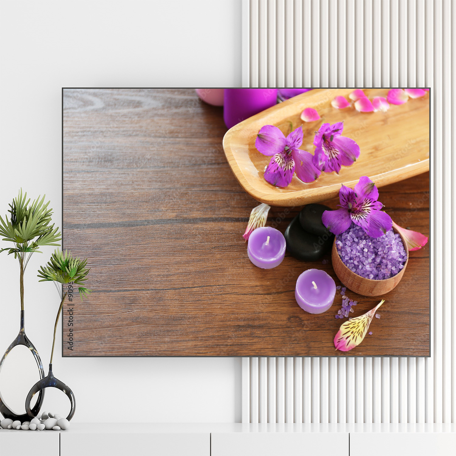 Mẫu tranh spa thiên nhiên đẹp hình ảnh chậu nước hoa lan tím, muối khoáng, nến thơm màu tím