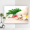 Mẫu tranh spa thiên nhiên đẹp hình ảnh nến thơm, tinh dầu, khăn tắm, hoa sứ và cành lá xanh tươi