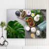 Mẫu tranh spa thiên nhiên đẹp hình ảnh nến thơm, túi chườm, muối khoáng, thảo mộc, lá xanh tươi