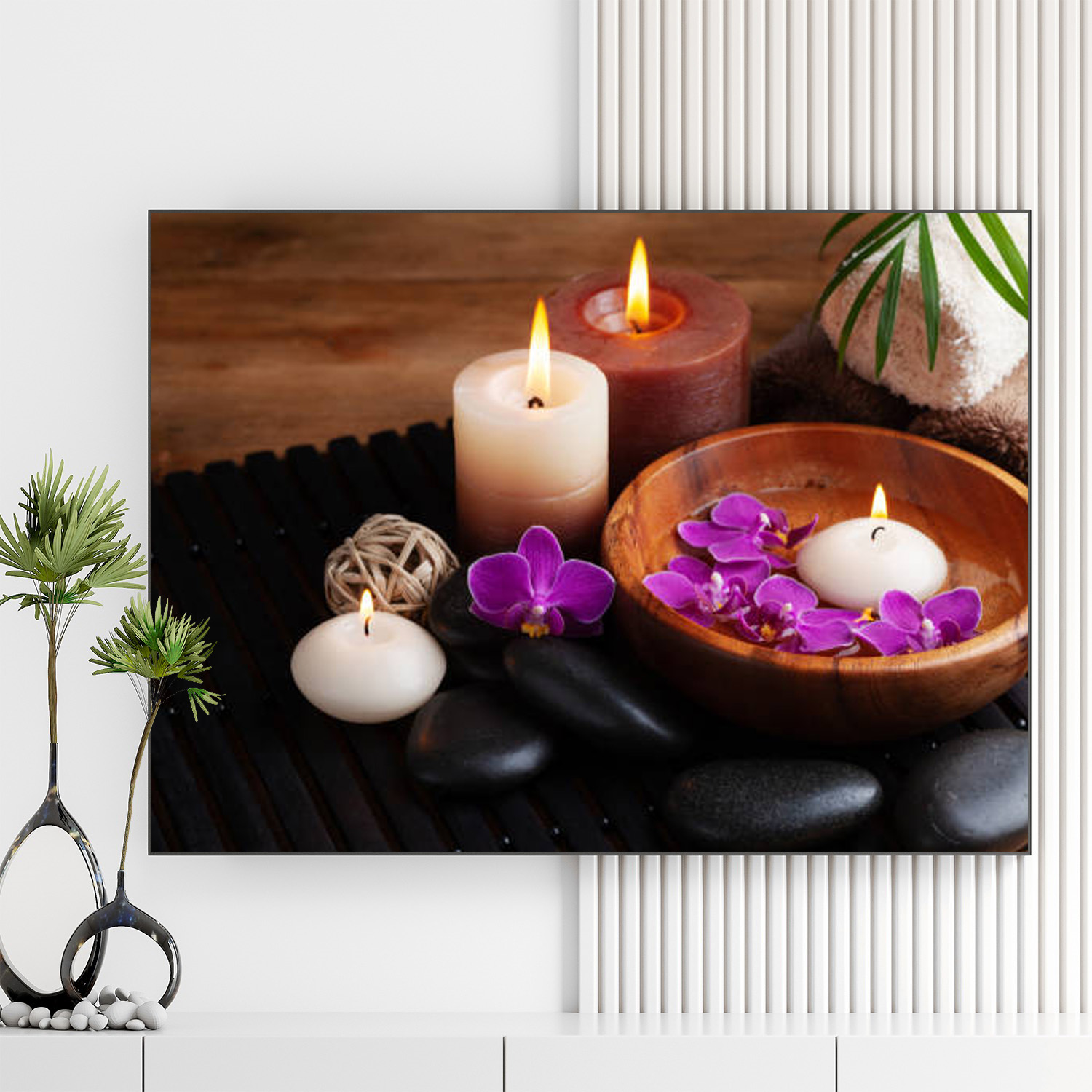 Mẫu tranh spa thiên nhiên đẹp hình ảnh nến thơm, hoa lan tím, đá cuội đen