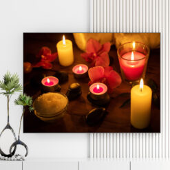 Mẫu tranh spa thiên nhiên đẹp hình ảnh hoa lan, muối khoáng, nến thơm lung linh