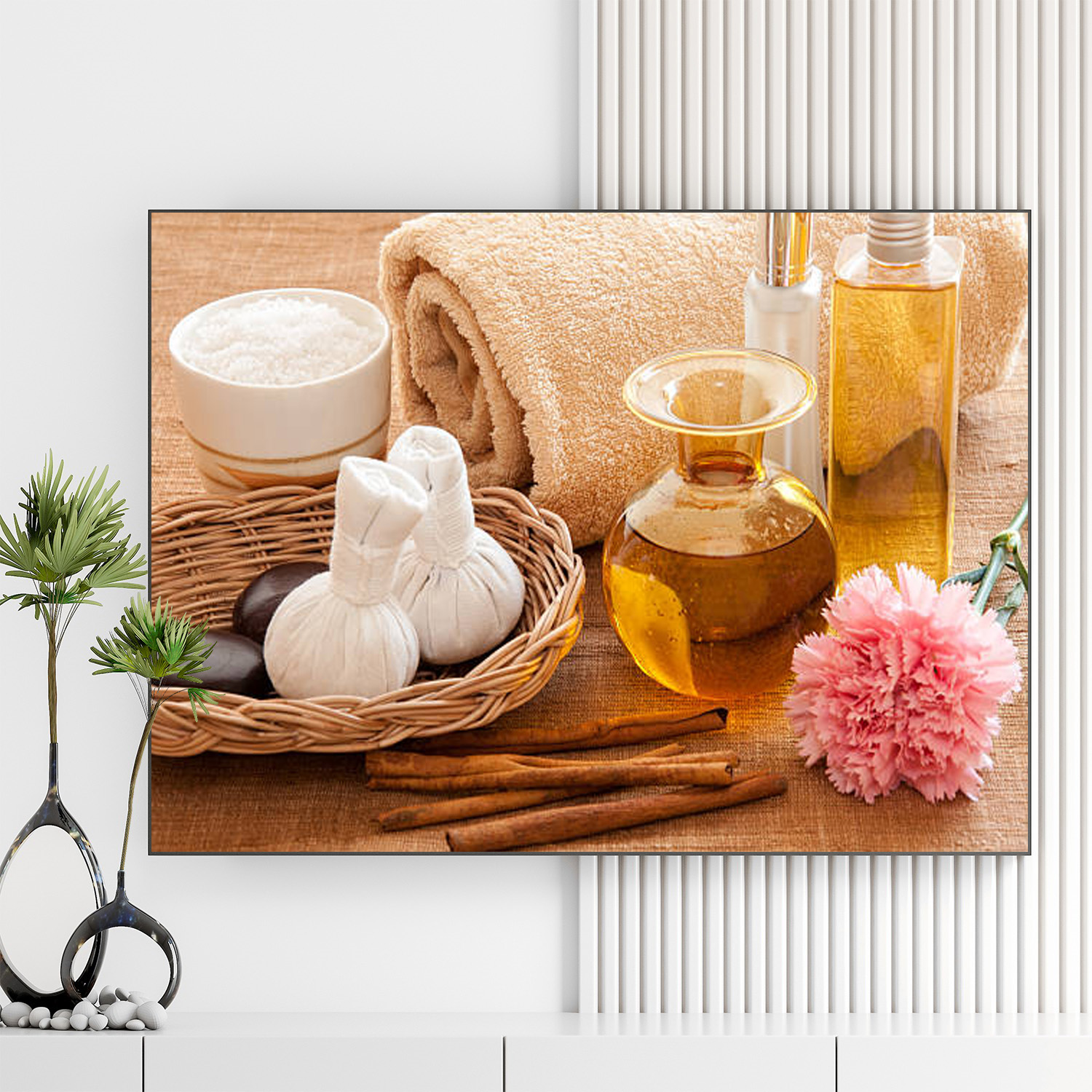 Mẫu tranh spa thiên nhiên đẹp hình ảnh túi chườm, tinh dầu, khăn tắm và bông hoa đẹp