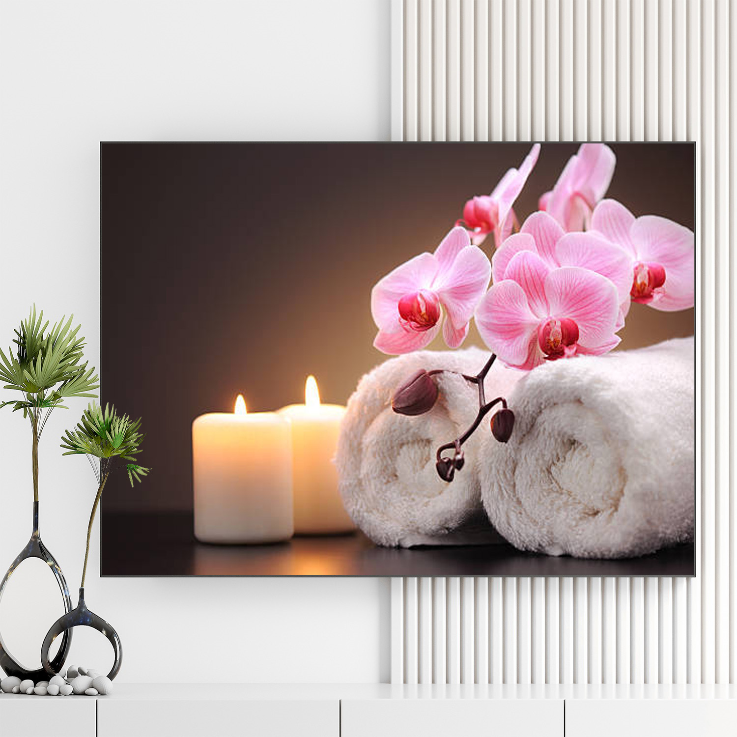 Mẫu tranh spa thiên nhiên đẹp hình ảnh nến thơm, khăn tắm và cành hoa lan hồng
