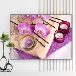 Mẫu tranh spa thiên nhiên đẹp hình ảnh hoa lan tím, nến thơm, khăn tắm
