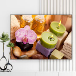 Mẫu tranh spa thiên nhiên đẹp hình ảnh tinh dầu, nến thơm, đá cuội, hoa lan
