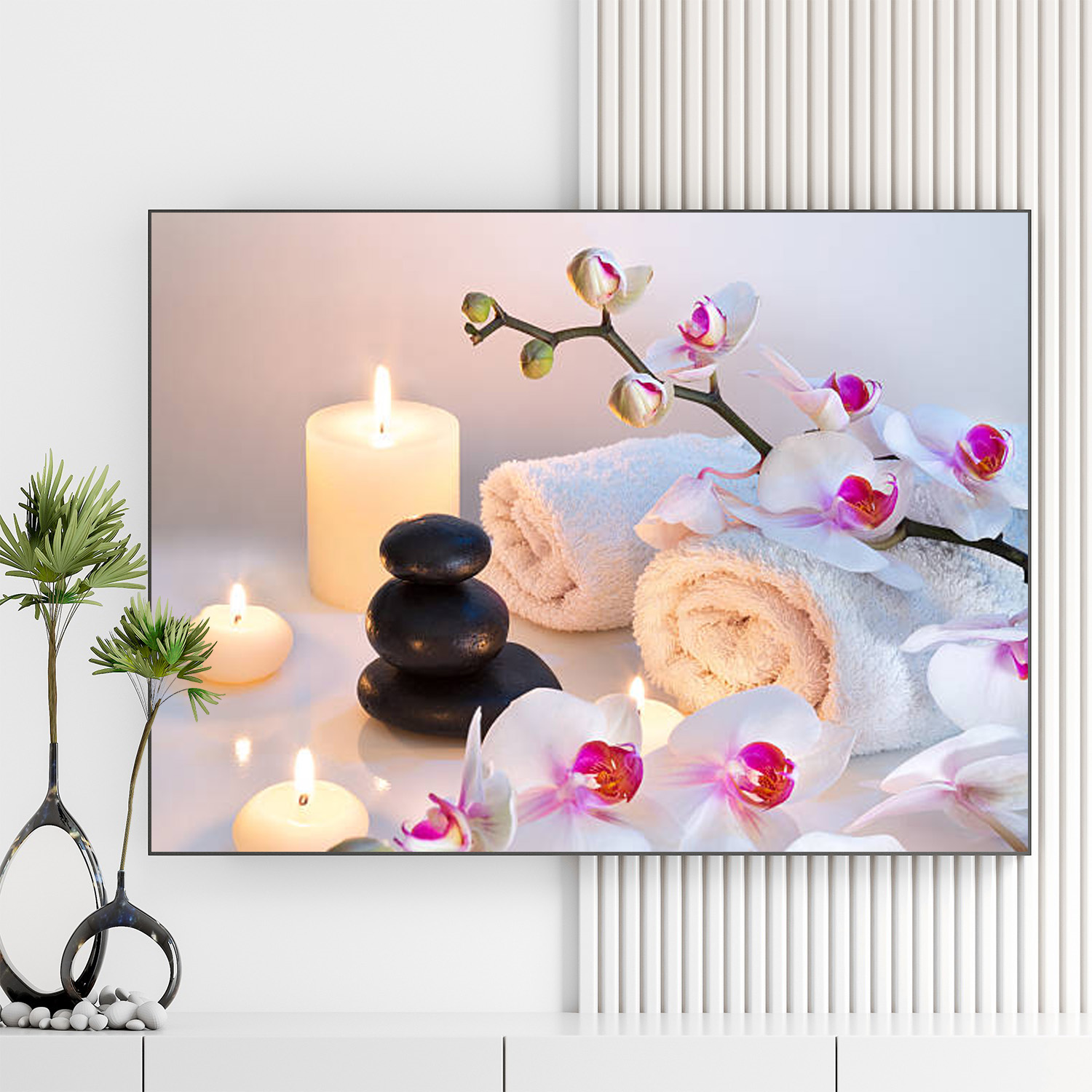 Mẫu tranh spa thiên nhiên đẹp hình ảnh hoa lan, khăn tắm, nến thơm, đá cuội