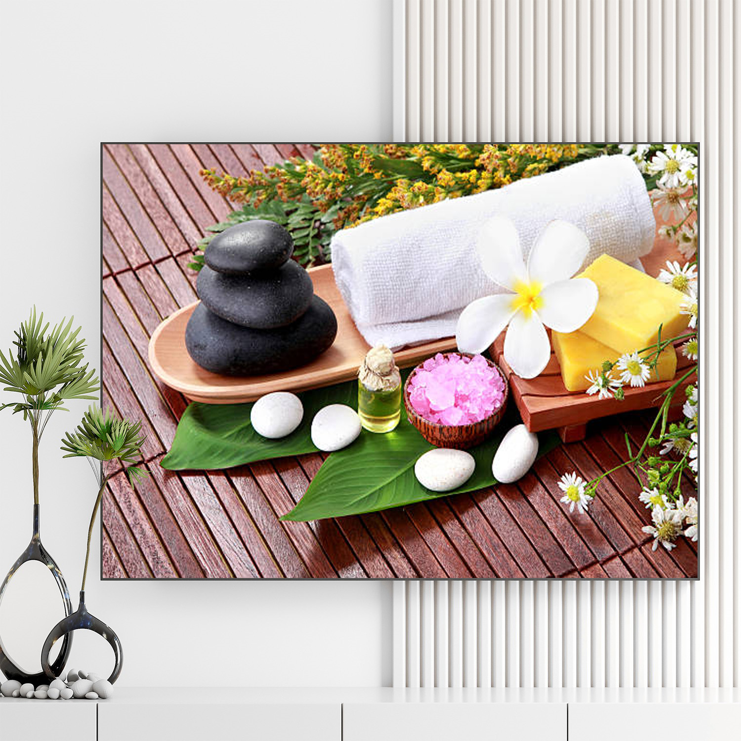 Mẫu tranh spa thiên nhiên đẹp hình ảnh đá cuội, khăn tắm, tinh dầu, hoa lá