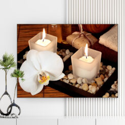 Mẫu tranh spa thiên nhiên đẹp hình ảnh hoa lan trắng, nến thơm, tinh dầu, đá trang trí