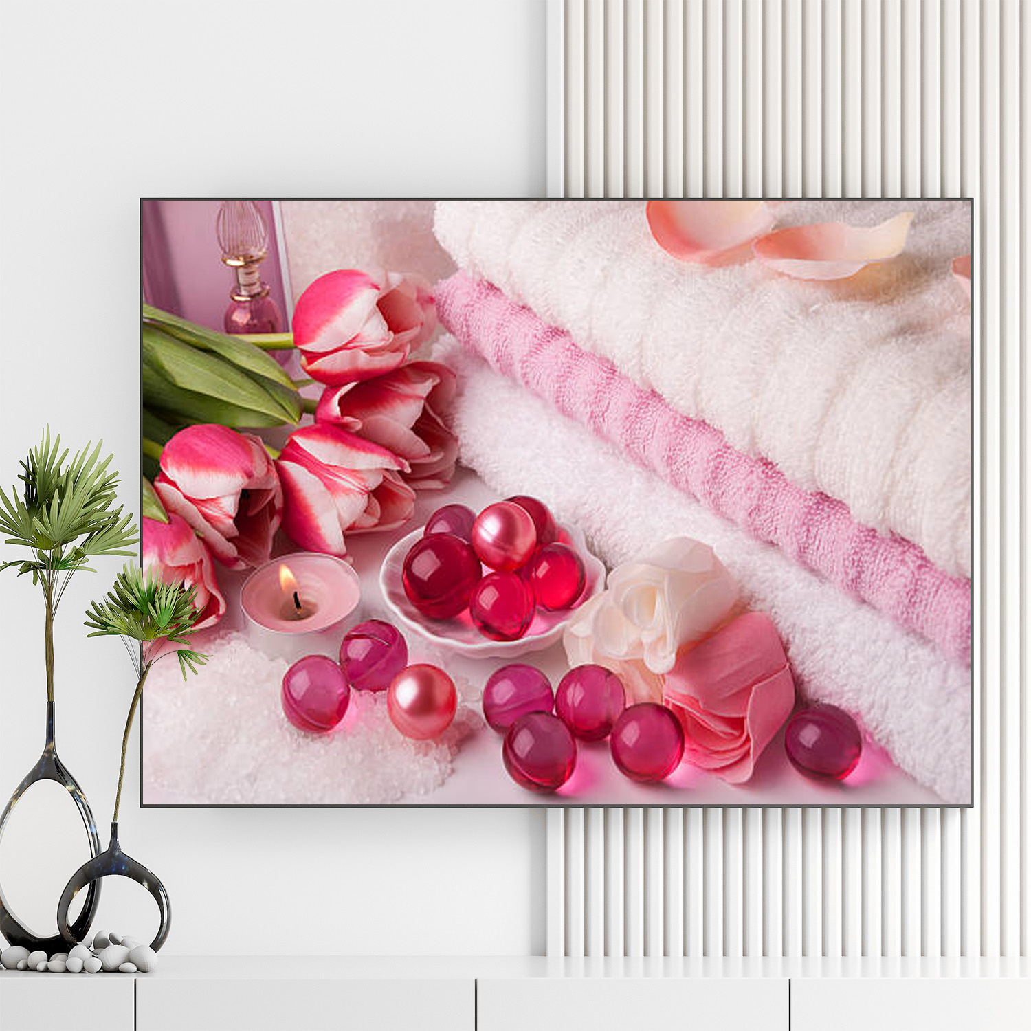 Mẫu tranh spa thiên nhiên đẹp hình ảnh khăn tắm, nến thơm, hoa tulip, những viên bi hồng