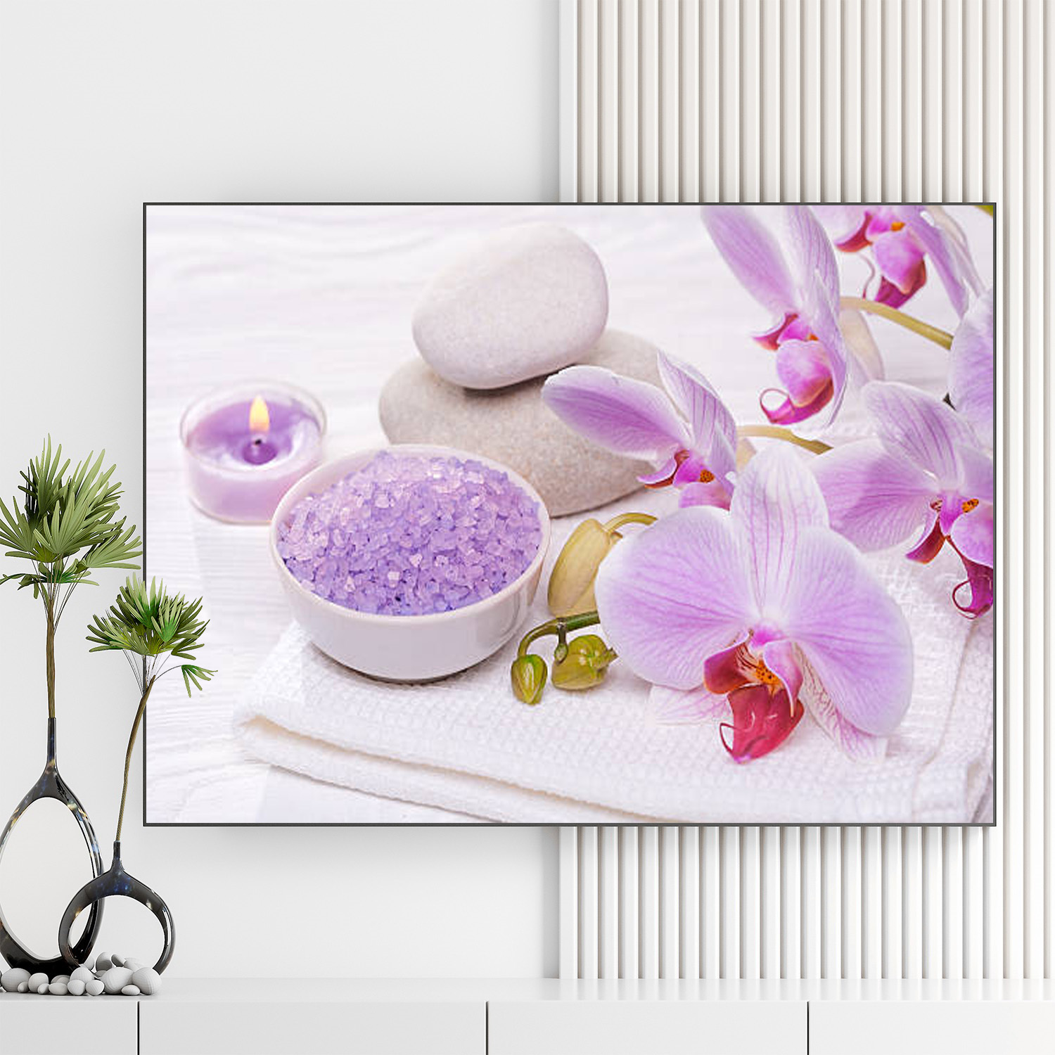 Mẫu tranh spa thiên nhiên đẹp hình ảnh hoa lan tím, nến thơm, muối khoáng, đá cuội