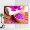 Mẫu tranh spa thiên nhiên đẹp hình ảnh cuộn khăn tắm, hoa lan và muối khoáng màu tím đẹp