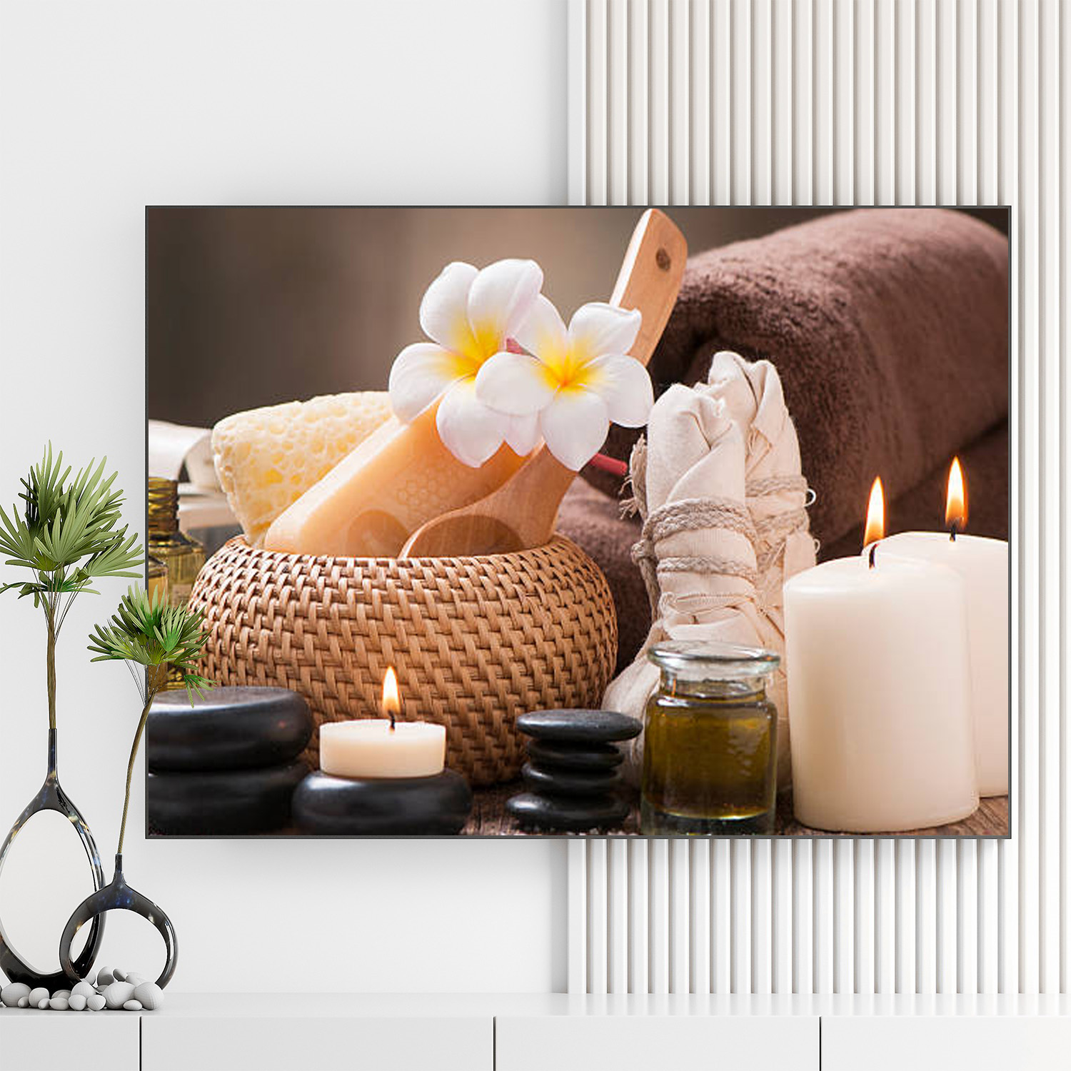 Mẫu tranh spa thiên nhiên đẹp hình ảnh nến thơm, tinh dầu, đá cuội, hoa sứ