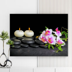 Mẫu tranh spa thiên nhiên đẹp hình ảnh nến thơm, đá cuội, hoa lan và lá xanh tươi