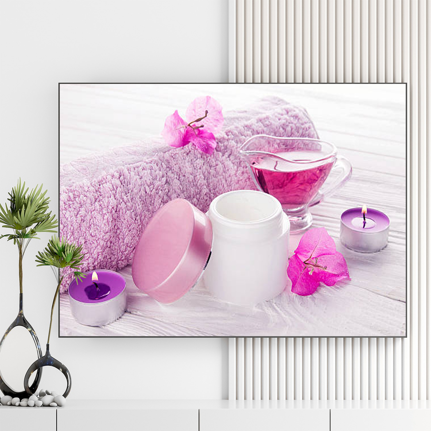 Mẫu tranh spa thiên nhiên đẹp hình ảnh tinh dầu, nến thơm, kem dưỡng da, hoa lan, khăn tắm