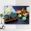 Mẫu tranh spa thiên nhiên đẹp hình ảnh tinh dầu, nến thơm, muối khoáng, khăn tắm và hoa lan trắng