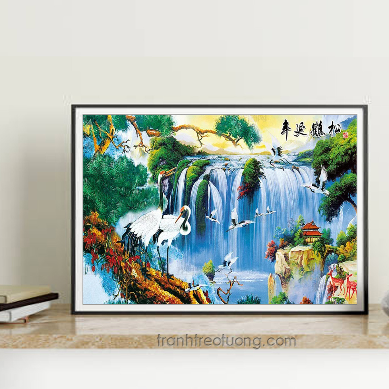 Mẫu tranh treo tường vẽ thác nước đẹp, cây tùng cổ thụ và đàn chim hạc
