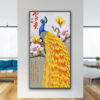 Mẫu tranh treo tường khổ dọc vẽ con chim công lông dài đẹp đậu trên cành hoa mộc lan