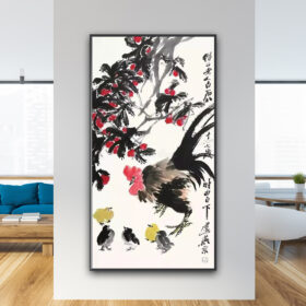 Mẫu tranh treo tường khổ dọc vẽ màu nước hình ảnh đàn gà đướng dưới cành cây trĩu quả chín đỏ